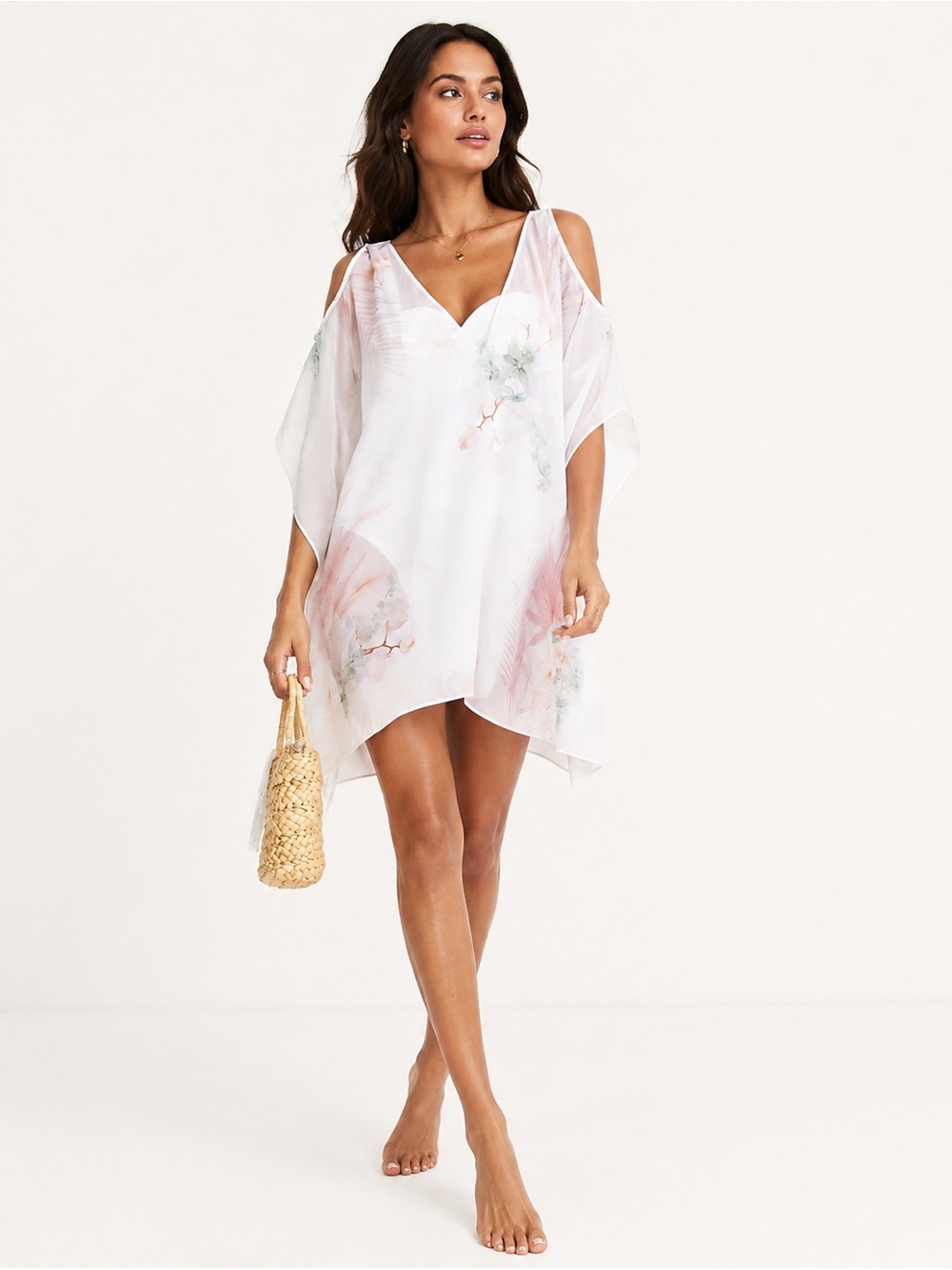 Ted Baker Natalli Floral Tunic Cold Shoulder White Pink S